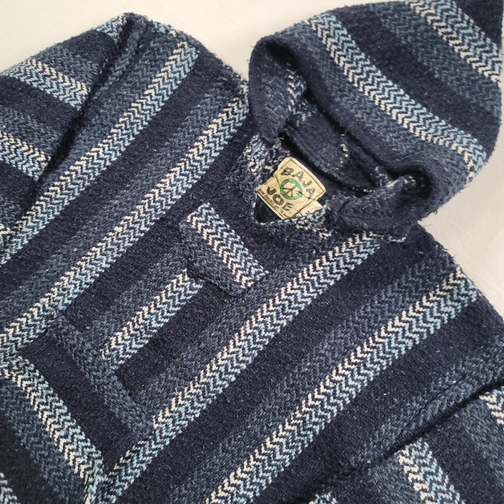 Baja Joe Striped Baja Hoodie Drug Rug Mens Medium Blue Woven Pullover Mexico